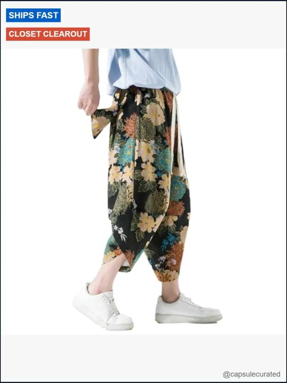 Men's Casual Wide Leg Baggy Harem Capri Pants Linen Summer Beach